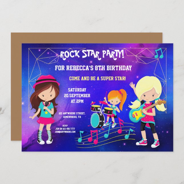 Trendy Girls Rock Pop Star Birthday Party Invitation (Front/Back)