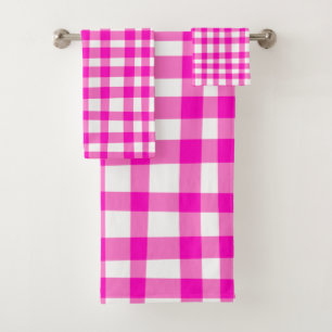 Trendy Girly Abstract Gingham in Bold Pink White Bath Towel Set
