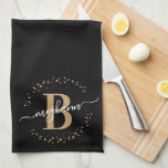 Trendy Girly Black Gold Name Monogram Script Tea Towel<br><div class="desc">Girly, trendy, elegant, modern, black gold monogram initial name script custom personalised monogrammed kitchen towel. Featuring a monogram initial and a girly name script in a hand lettered calligraphy swash tail font and dotted circle frame around your monogram. Perfect feminine gift for sister, mother, girlfriend, birthday, wedding, bridal shower, sweet...</div>