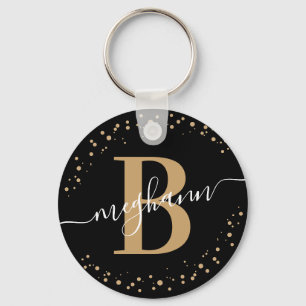 Trendy Girly Black Gold Name Script Monogrammed Key Ring