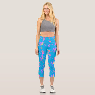 Trendy Girly Bright Blue And Pink Floral Patter Capri Leggings