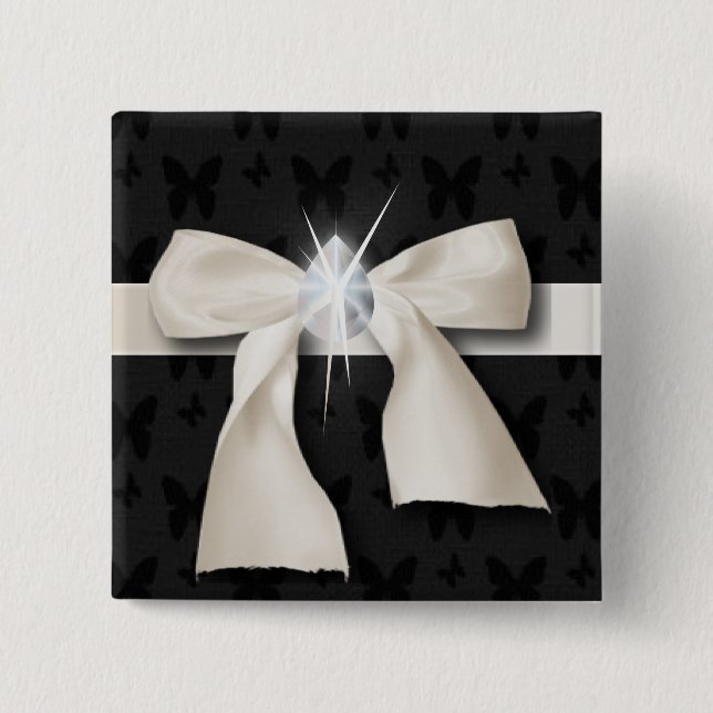 trendy girly chic diamond White Bow 15 Cm Square Badge (Front)