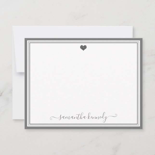 Trendy Girly Chic Silver Grey Heart Custom Name  Card (Front)