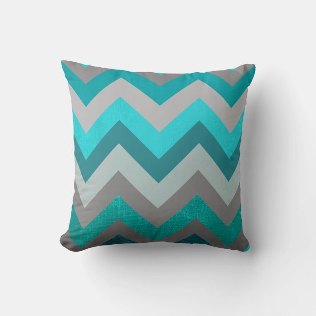Trendy Girly Grey Teal Chevron Zigzag Pattern Cushion (Front)