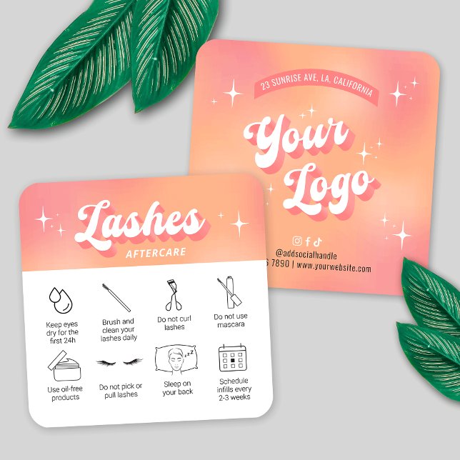 Trendy Girly Peach Lash Extensions Aftercare Cards (Lash extensions aftercare instructions cards in trendy groovy style with your logo and custom text)