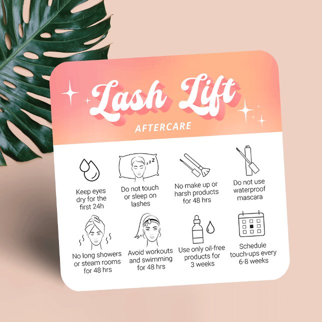 Trendy Girly Peach Lash Lift & Tint Aftercare Card (Lash lift & tint aftercare instructions cards in trendy groovy style with your logo and custom text)