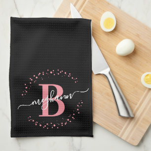 Trendy Girly Pink Black Name Monogram Script Tea Towel