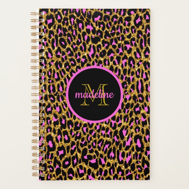 Trendy Girly Pink Leopard Print Monogrammed Planner (Front)