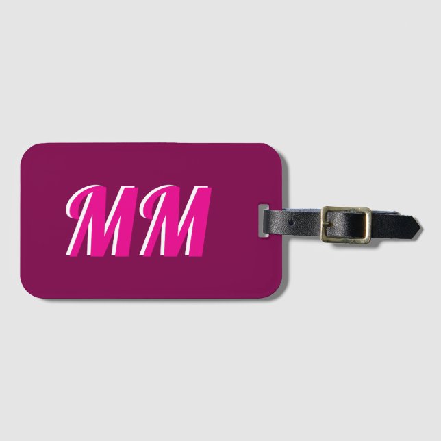 Trendy Girly Pink Modern Monogram Initial Luggage Tag (Front Horizontal)