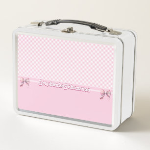 Trendy Girly Pink Plaid Chequerboard Pattern & Bow Metal Lunch Box