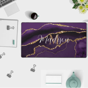 Trendy Girly Purple Agate Gold Glitter Desk Mat