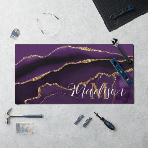 Trendy Girly Purple Agate Gold Glitter Desk Mat