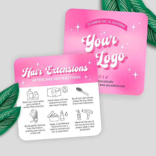 Trendy Girly Retro Pink Hair Extensions Aftercare Square Business Card (Trendy hair extensions care cards with icons, featuring girly pink design, care icons & retro fonts)
