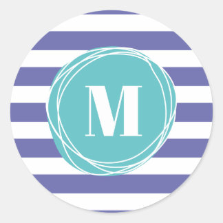 Trendy Girly Stripes Monogram Classic Round Sticker