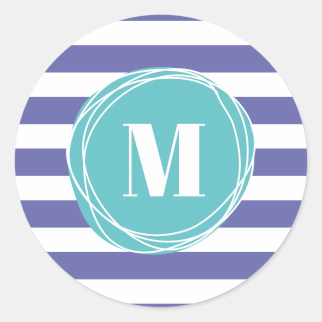 Trendy Girly Stripes Monogram Classic Round Sticker (Front)