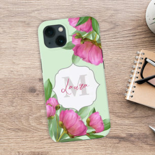 Trendy Girly Vintage Floral Peony Monogrammed iPhone 13 Case