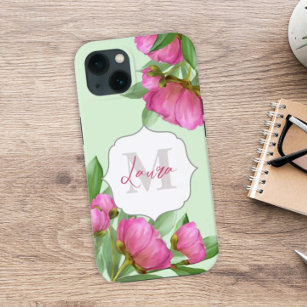 Trendy Girly Vintage Floral Peony Monogrammed Case-Mate iPhone 14 Plus Case