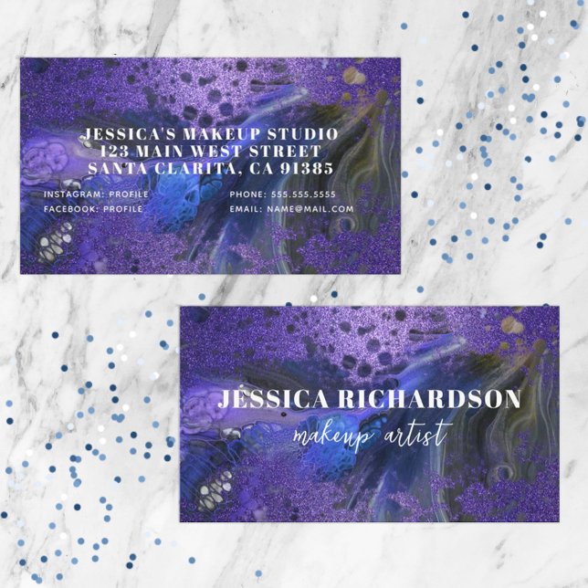 Trendy Glam Abstract Purple Glitter Marble Paint Business Card (Creator Uploaded)
