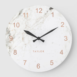 Trendy Glam Faux Rose Gold Look and White Marble Large Clock