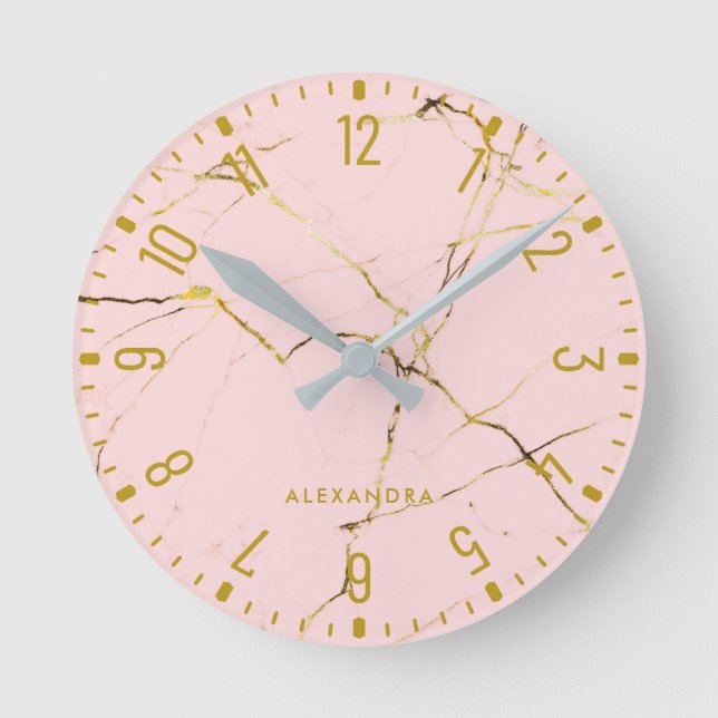 Trendy Glam Faux Rose Gold Look Marble Round Clock (Front)