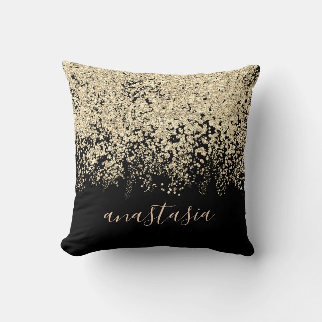 Trendy Glam Gold Yellow Glittery Sparkling Script Cushion (Front)