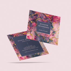 Trendy Glam Marble Pink Rose Gold Hair Stylist Square Business Card