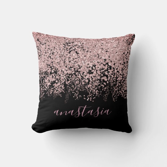 Trendy Glam Pink Rose Gold Glittery Spark Script Cushion (Front)