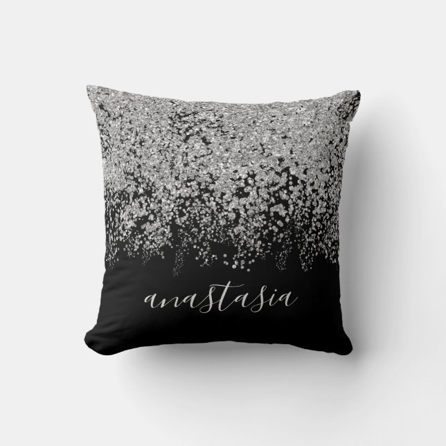 Trendy Glamourous Silver Glittery Sparkling Script Cushion (Front)