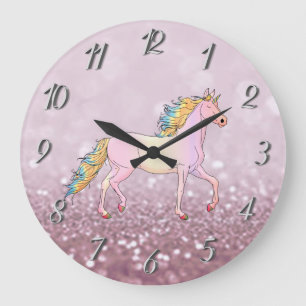Trendy Glitter Bokeh , Unicorn Large Clock