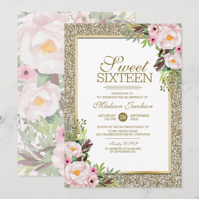 Trendy Glitter Gold Floral Sweet 16 Party Invitation (Front/Back)