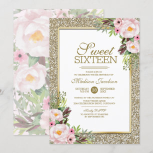 Trendy Glitter Gold Floral Sweet 16 Party Invitation