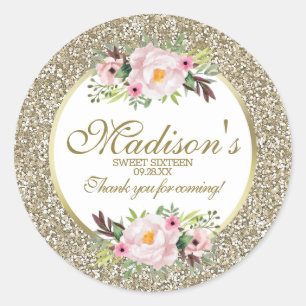 Trendy Glitter Gold Floral Sweet 16 Thank You Classic Round Sticker