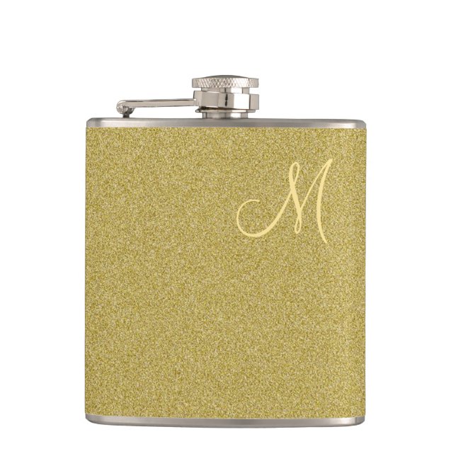 Trendy Glitter Gold Monogrammed Hip Flask (Front)