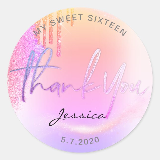 Trendy Glitter Holographic drips Thank you Classic Round Sticker (Front)