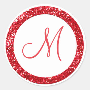 Trendy Glitter Monogram Stickers:Red Classic Round Sticker