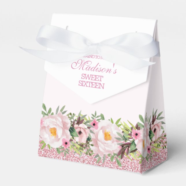 Trendy Glitter Pink Floral Sweet 16 Favour Box (Front Side)