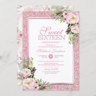 Trendy Glitter Pink Floral Sweet 16 Party Invitation