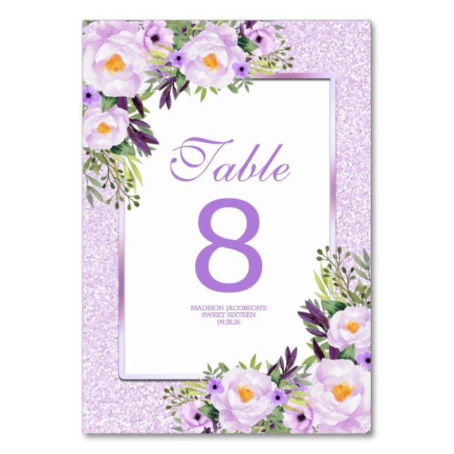 Trendy Glitter Purple Floral Sweet 16 Table Number (Front)