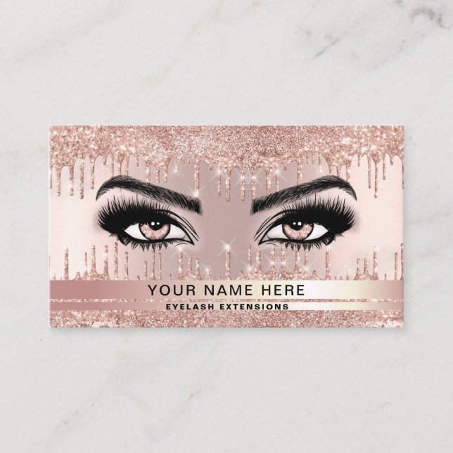 Trendy Glitter Rose gold drips Lashes Business Card (Front)