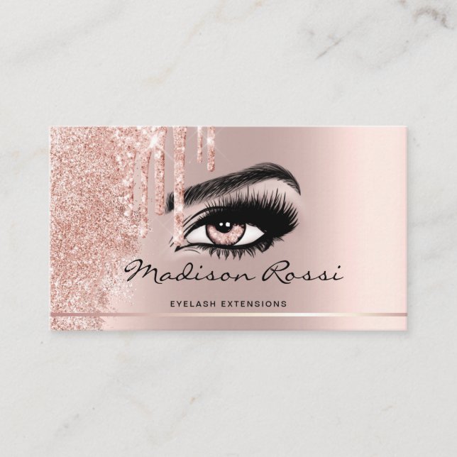 Trendy Glitter Rose gold drips Lashes marble Business Card (Front)