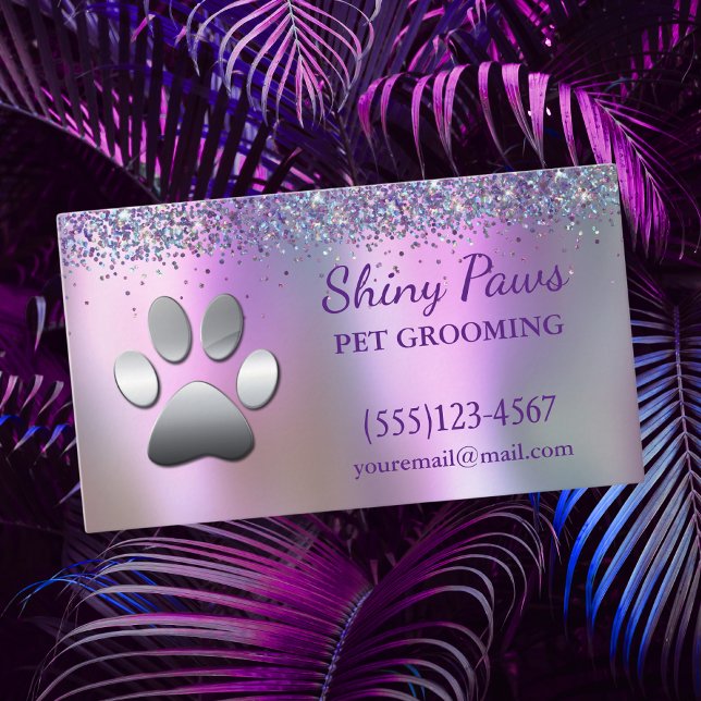 Trendy Glitter Shimmer Dog Paw Grooming Service Business Card (Creator Uploaded)
