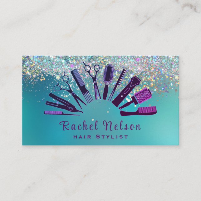 Trendy Glitter Sparkle Hair stylist Salon Tools Business Card (Front)