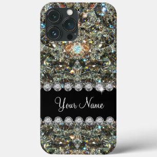 Trendy Glitzy Faux Bling Jewels Monogram  iPhone 13 Pro Max Case