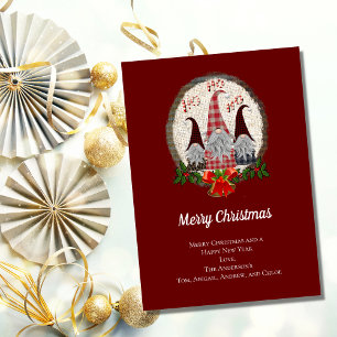Trendy Gnomes Red Burgundy Rustic Christmas Card