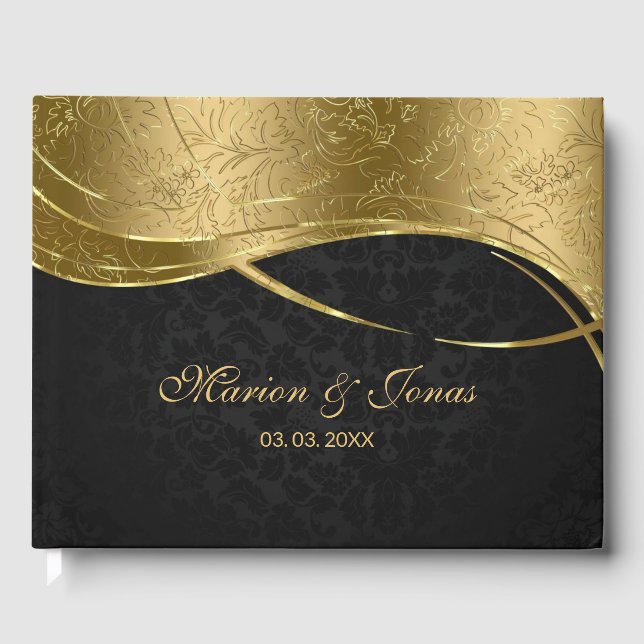 Trendy Gold And Black Damask Guest Book (Front)