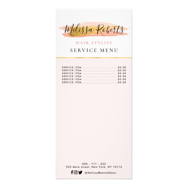 Trendy gold and pink Service Menu card (Front)