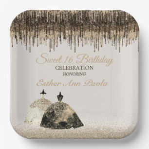 Trendy Gold Ball Gown Sweet 16 Birthday Spark Drip Paper Plate
