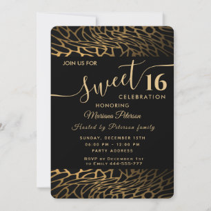 Trendy gold black abstract leopard sweet 16  invitation