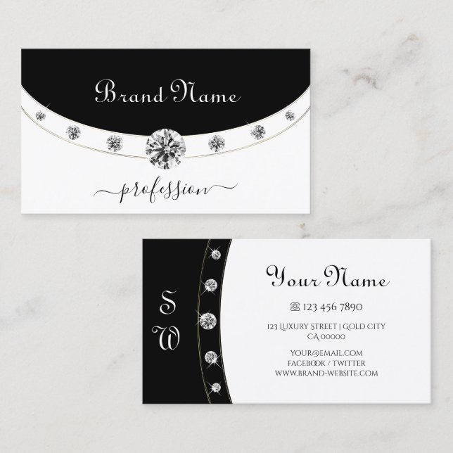 Trendy Gold Black and White Initials and Diamonds Business Card (Front/Back)