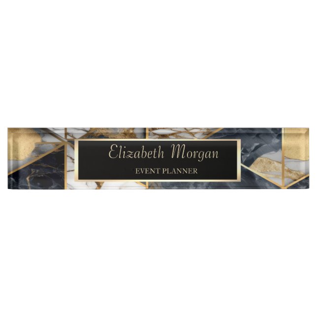 Trendy Gold Black Geometric Marble Pattern Nameplate (Front)